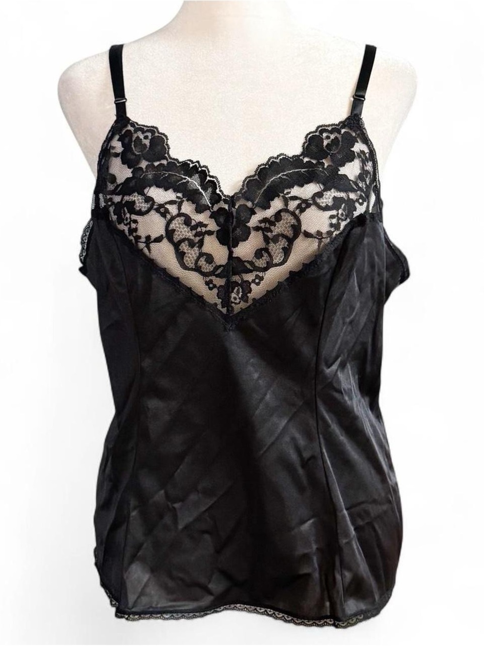 Vintage Vassarette Black Lace Camisole XL 44 Plus Size Lingerie Top